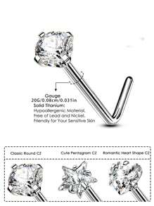 3 piezas Pendientes de nariz, Aros de nariz sólidos de titanio G23 20G en forma de L, con diseños redondo/estrella/corazón con CZ brillante, joyería de piercing de la nariz para mujeres y hombres