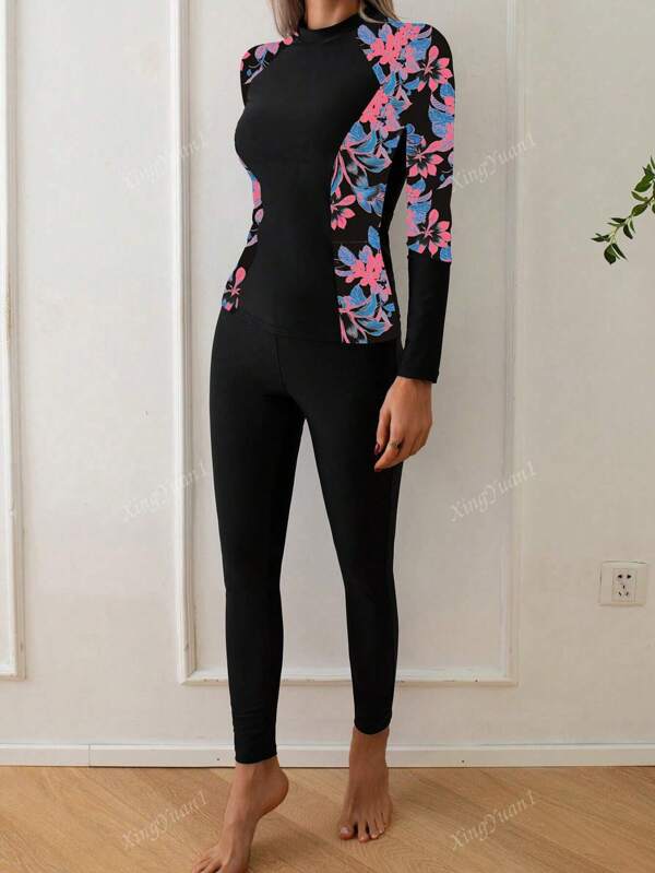2Pcs Tropical Print Contrast Color Long Sleeve Tankini Swimwear Set With Pants, Summer Beach