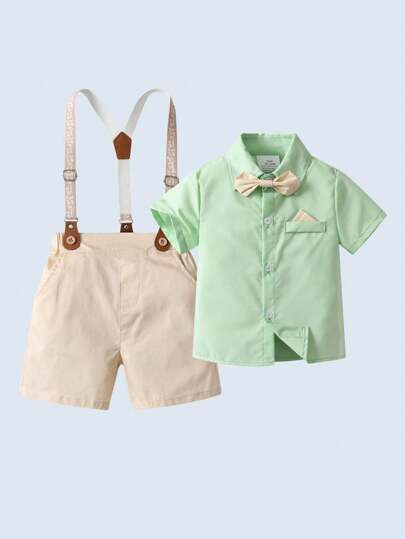 BOARNSEORL 2pcs Young Boys Gentleman Outfit - Short Sleeve Collared Shirt With Bow Tie And Suspender Shorts, Fashionable And Dapper For Parties, Gatherings, Weddings, And Ring Bearer