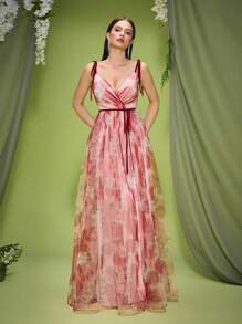 Mgiacy,New Arrival,V Neck,Velvet,Lace Up,Romantic,Mesh,Printed,High Slit,Bridesmaid Dress,Long Dress - Pink - View 3