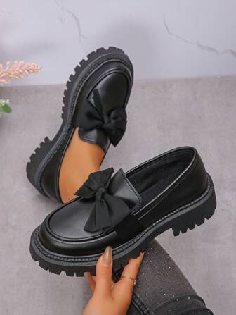 2025 New Non-Slip Thick-Sole Chunky Heel Bowknot Slip-On Casual Shoes, Outdoor Resort Season Fashion Comfy Slim Loafers, Student Shoes