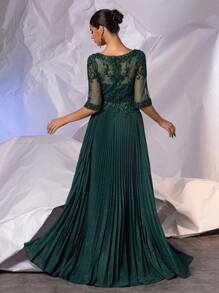 闪亮半袖褶皱礼服，适合婚礼宾客穿着，A字形长款精致蕾丝晚礼服，带亮片手工串珠贴花，优雅新娘礼服，伴娘礼服，女士正式晚礼服，后背拉链，派对礼服 - 綠色 - 查看 2