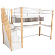 Loft Bed For Children 90x200cm, Storage Stairs, Desk, Solid Wood, White, Without Mattress - White - View 7
