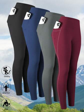 4 piezas Leggings deportivos con bolsillo lateral para mujer, pantalones ajustados de cintura alta para fitness con efecto lifting