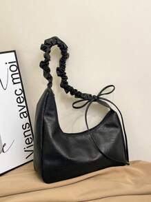 1pc Retro Solid Color Elegant Draped Asymmetric Shoulder Bag, Suitable For Women Daily Use & Gift - Black - View 2