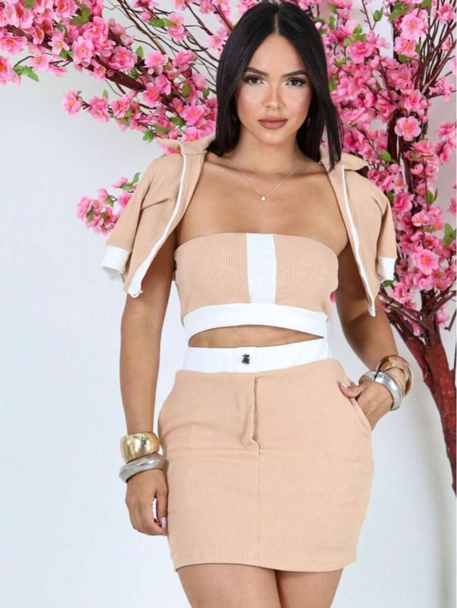 Ribbed Knit Set - Beige - View 1
