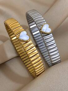 1 件心形爱心吊坠弹力手链 适合女士青少年女孩贝壳不锈钢手链 简约日常派对珠宝圣诞礼物 - 彩色 - 查看 8