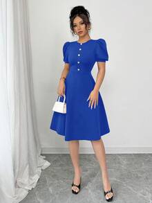 Casual Women Button Decor Lantern Short Sleeve Solid Color Dress Summer Elegant - Royal Blue - View 3
