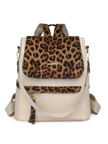 Large Capacity Women's Travel Leopard Patchwork Backpack, Laptop Backpack - Beige - View 5