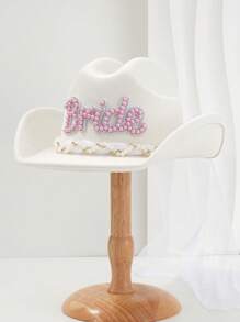 1顶女士纯白色牛仔帽，配有独特的珍珠和水钻面纱，新娘字母装饰，新奇朋克风宽檐新娘面纱帽，单身派对帽，2025婚礼必备 - 白色 - 查看 8