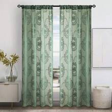 2 Stücke Set blumenbestickter transparenter Vorhänge - Gardinenaufhängung mit Schlaufenband, perfekt für Wohnzimmer, Schlafzimmer, Esszimmer und Balkon Dekoration, maschinenwaschbar aus Polyester - Grün - Übersicht 2