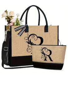 一套女士沙滩手提包，帆布包和帽子，字母A-Z，适合婚礼、生日、节日和其他场合，是送给女性、母亲、老师、朋友、伴娘、学生以及返校季的绝佳礼物。大容量旅行手提包，适合度假、周末旅行，是送给朋友或女士的个性化生日礼物，附赠围巾，也是教师节的最佳礼物。 - 卡其色 - 查看 30