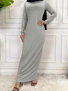 Ramadan Round Neck Casual Solid Color Maxi Loose Flowy Fit Abaya Dress, Minimalist Style Long Sleeve Robe, Suitable For Spring Summer Autumn, Modest - Grey - View 3