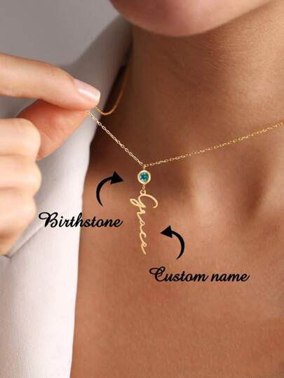 1 pieza Collar de acero inoxidable con nombre personalizado en estilo minimalista, con piedra natal y circonia colorida chapada en oro de 18k, collar personalizado para mujer, joya estética para bodas, conmemoraciones y regalos para el Día de San Valentín, Día de la Madre