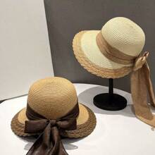 1 pieza Sombrero de playa para mujer, sombrero de paja de ala ancha de moda coreana versátil para vacaciones y playa