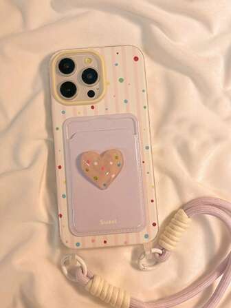 韩版 Ins 风格 3D 心形卡包保护手机壳适用于 16 Pro Max/15 Pro Max/14 系列/13 Pro/12 系列带挂绳，可爱创意设计，防震防水防摔防刮