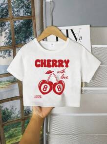 2 Pieces Tween Girl Letter Slogan & Cherry Number 8 Print Peter Pan Collar Short Sleeve Crop Top & Sports Shorts Set, Spring/Summer For Girls