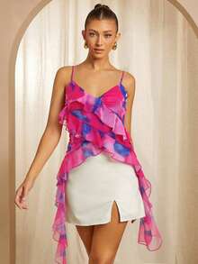 Blusa de tirantes con volantes y estampado total en talla grande - Rosa Fucsia - Ver 2