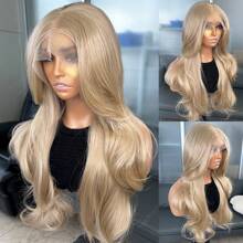 Peluca de encaje frontal rubia de 22 pulgadas de largo con onda y reflejos, peluca sintética de cabello Kanekalon resistente, sin pegamento, de 13x6 pulgadas, con flequillo de cortina, línea de cabello libre, densidad del 150%, lista para usar, para uso diario, fiesta, festival y días festivos. Pelucas sintéticas amigables para principiantes con encaje transparente