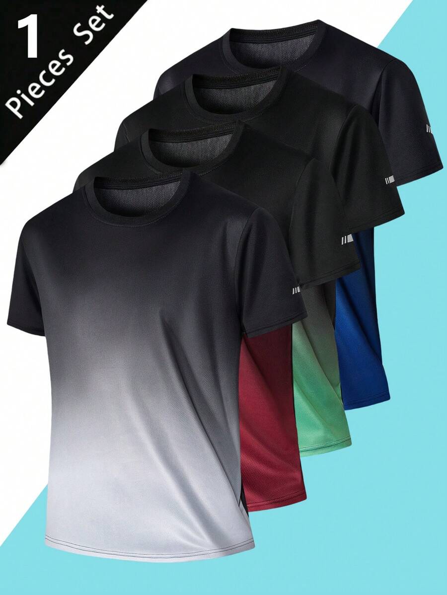 1 件休闲夏季男士透气快干渐变色短袖 T 恤适合户外运动和跑步 - 灰色 - 查看 1