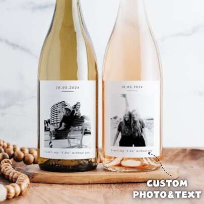 Customized Wine Labels In Any Size, Waterproof Labels, Customized Photo Wine Labels, Black & White Photos, Bridesmaid Proposal Wine Labels, Full Size Or Mini Wine/Champagne Labels, Will You Be My Bridesmaid/Maid Of Honor?, Proposal Gift, Gift Box, All-Caps Black & White Proposal Wine Labels, Wedding Gift, Anniversary Gift, Engagement Gift, Gift For Him/Her, Housewarming, Back To School Champagne Labels