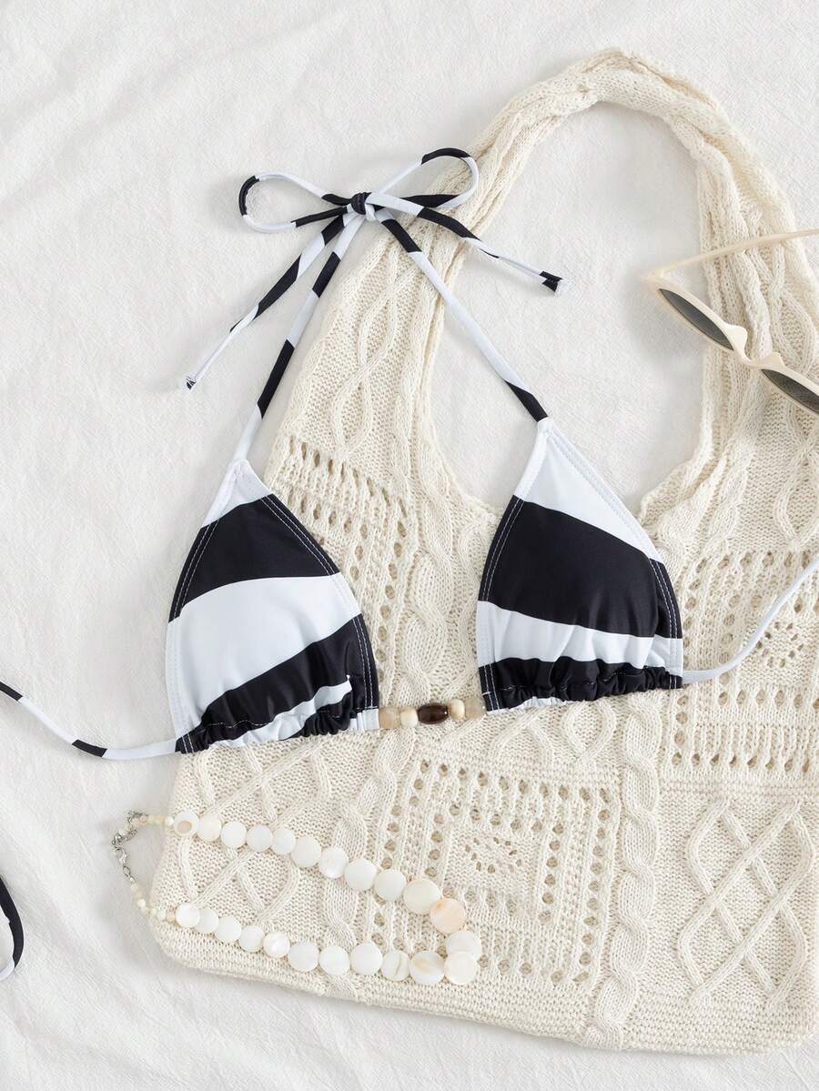 1pc Striped Casual Metal Chain - Black and White - View 1