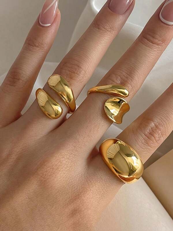 Set de 3 anillos abiertos con diseño geométrico único de gota de agua, apropiados para uso diario de mujeres