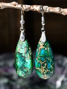 Brincos pendurados em formato de gota vintage, decoração de pedra natural, estilo boêmio retrô, enfeites de orelha para feriados, gradiente de cor, azul e verde