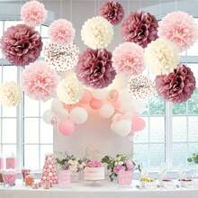 16pcs Paper Dusty Rose Pink Tissue Pom Poms Flowers For Bridal Shower, Birthday, Engagement, Bachelorettes, Valentine Decorations, Pink Party Decorations