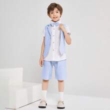 LONTAKIDS Boys Summer Suit Dress Clothes Kids Wedding Ring Bearer Outfit 4Pcs Shirt Vest Shorts Set - 藍色 - 查看 3