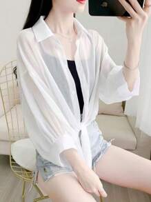 2025春夏女款轻薄雪纺防紫外线衬衫，宽松透气沙滩度假防晒外套，空调衬衫 - 白色 - 查看 4