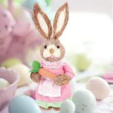 Easter Straw Bunny Decoration Cute Rabbit Holding Carrot Figurines Table Centerpiece For Home Farmhouse Office Kitchen Spring Tiered Tray Decor - A - View 3