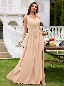 MIUSOL Đầm maxi dài không tay, xếp ly, xẻ tà, chất liệu chiffon, đính sequin và ren hoa, thích hợp cho tiệc cưới, lễ tốt nghiệp, tiệc chiêu đãi và các dịp khác, kiểu dáng thanh lịch mùa hè. - Rượu sâm banh - Xem 6