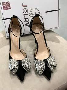 Damenschuhe mit spitzer Kappe und hohem Absatz, Kristallschleife und einzelnem Riemen, sexy formelle Sandalen, schwarze Valentinstag