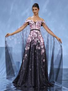 DELLA COUTURE 梦幻粉色碎花紧身修身晚礼服，飘逸薄纱设计，彰显高贵气质，腰部珠饰，优雅浪漫，拖地长裙，适合派对、晚宴、婚礼等正式场合，女士夏装 - 粉色 - 查看 3