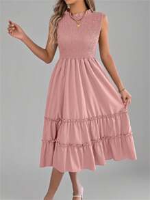 Summer Smocked Waist Dress Sleeveless Round Neck Ruffle Trim Flounce Hem Solid Color Beach Cover Up Resort Midi Vacation Essential Womens Pink Sundress - Hồng - Xem 3