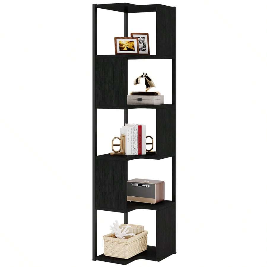 Estantería de esquina de 171 cm, pequeña estantería de pie de 6 niveles, estantería de esquina alta con estructura de metal para sala de estar, hogar y oficina (negro) - Negro - Ver 1