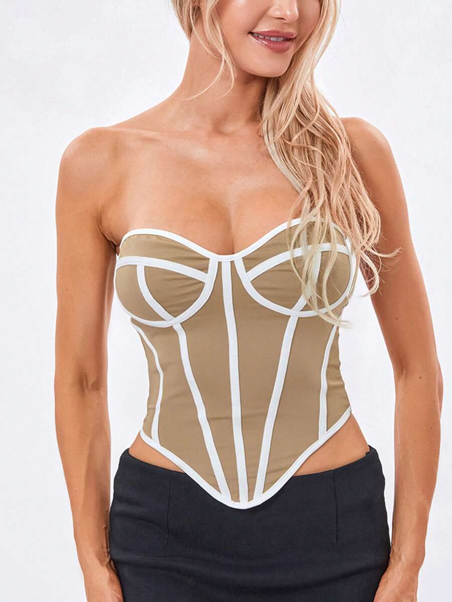 Womens Summer Fitted Corset Tube Tops Sleeveless Contrast Color Bandeau Tops - White - View 1