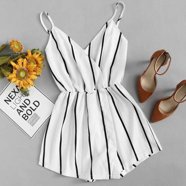 

Vertical Striped Cami Romper, Black and white