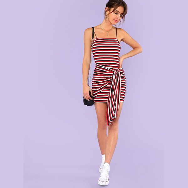 

Knot Front Striped Ribbed Cami Dress