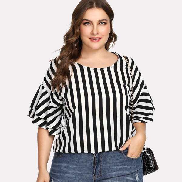 

Plus Contrast Stripe Tiered Sleeve Blouse