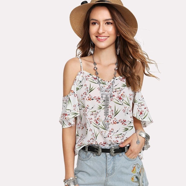 

Floral Cold Shoulder Flounce Top, Multicolor