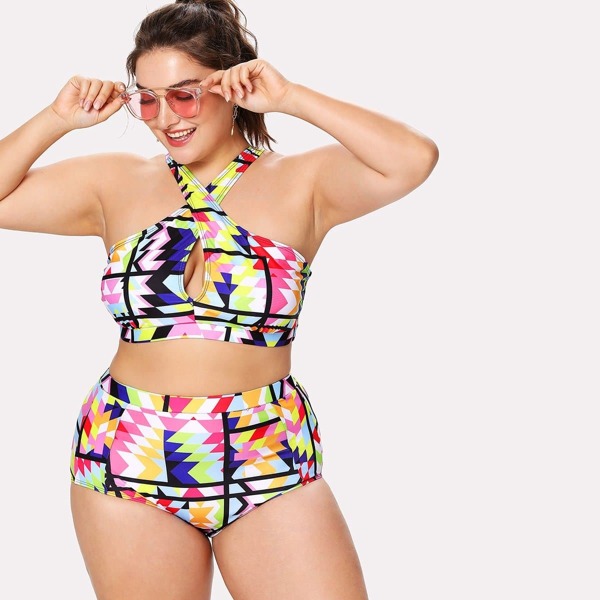 

Plus Keyhole Patchwork Top With High Waist Bikini, Multicolor