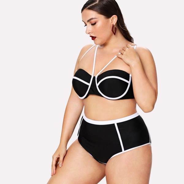 

Plus Harness Contrast Piping Top With High Waist Bikini, Black and white