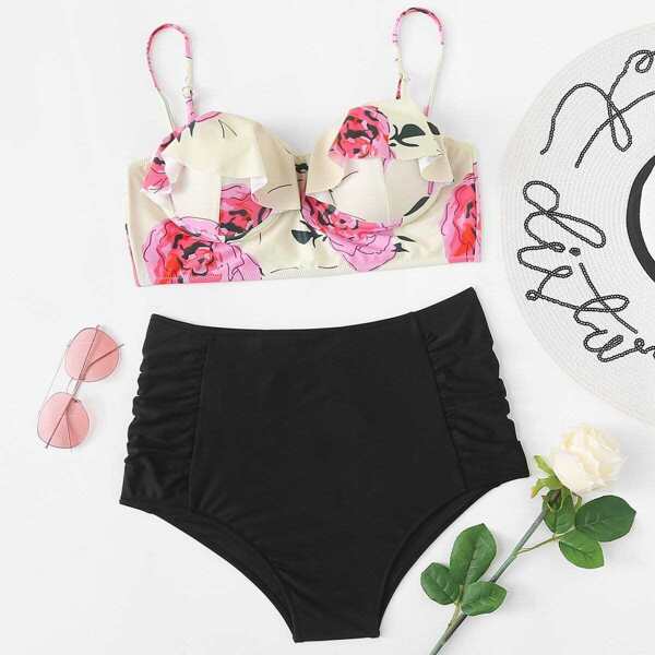 

Plus Floral Ruffle Top With High Waist Bikini, Multicolor