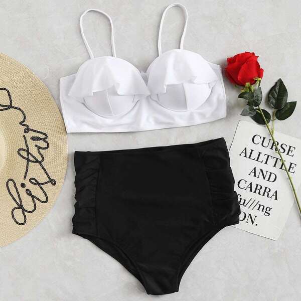 

Plus Ruffle Top With Ruched High Waist Bikini, Black and white