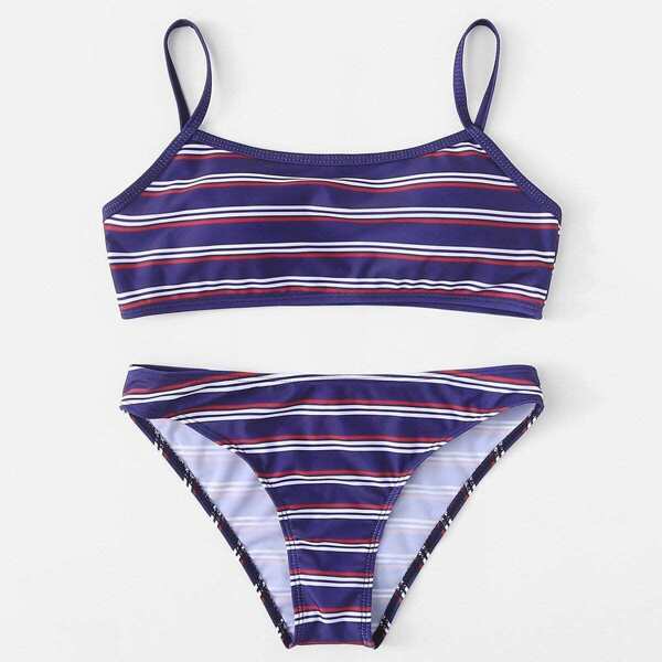 

Cami Top With Striped Bikini Set, Multicolor
