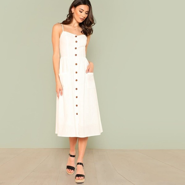 

Pocket Patched Button Through Cami Dress, White