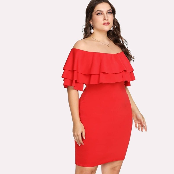 

Plus Off Shoulder Tiered Ruffle Trim Dress