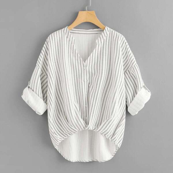 

Rolled Up Sleeve Striped Dip Hem Blouse